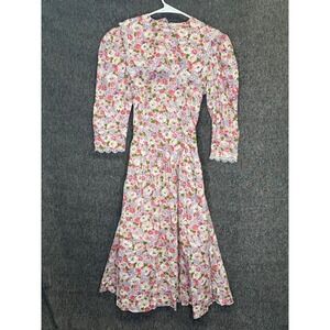Vintage Floral Lace Collar Midi Dress Lavender Pink Cottagecore Prairie 41in